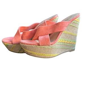 Pelle Moda Coral and Yellow Wedge Sandals
